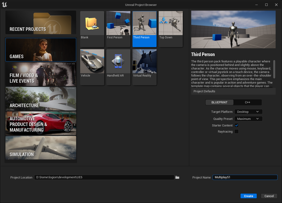 ThirdPersonテンプレートからプロジェクト作成